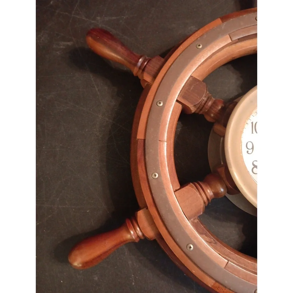 Vintage Nautical Wooden Ships Wheel Wall Clock Brass Quartz Maritime Decor